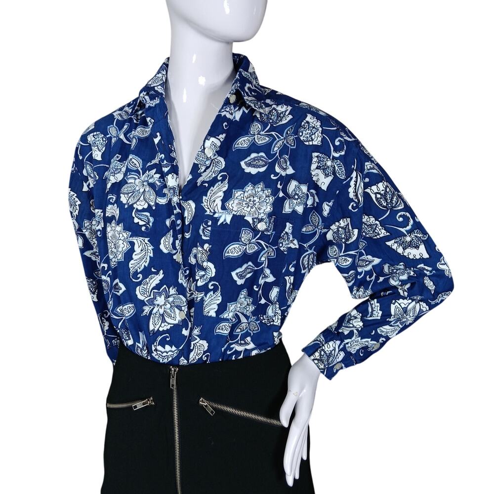 Vintage Stefano International Button Down Top Size Small Blue FLoral Long Sleeve